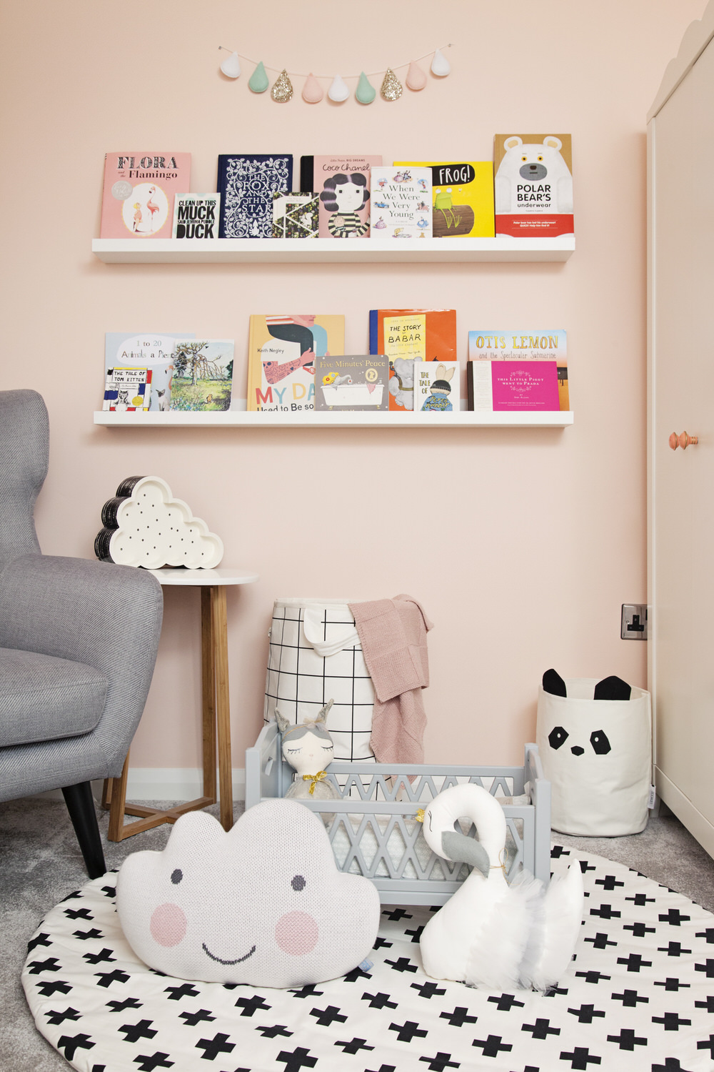 Toy storage for nursery | Panda Storage Bag | A pastel and monochrome nursery for a little girl with details from The Modern Nursery