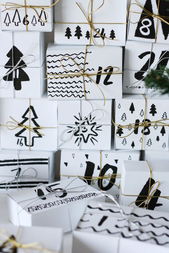 Homemade Advent Calendars For Kids. Parcels wrapped with monochrome designs.