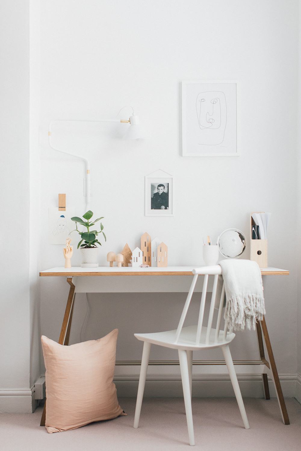 A Frame Desk | Neutral Desk Accessories | White Desk Chair | Statement Wall Light | A modern neutral millennial pink bedroom for children with handmade furniture, personalised artwork and statement lighting.