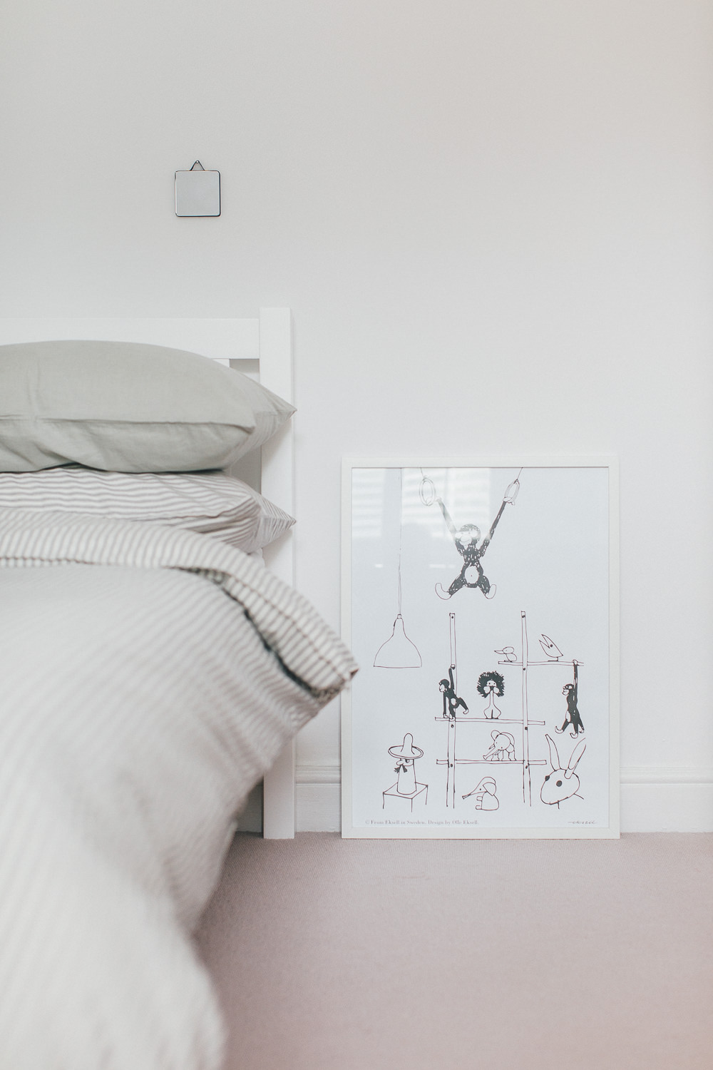 Neutral Bedding | John Lewis Bed | Toast Bedding | Statement wall light | Childrens room | Kids Room | A modern neutral millennial pink bedroom for children with handmade furniture, personalised artwork and statement lighting