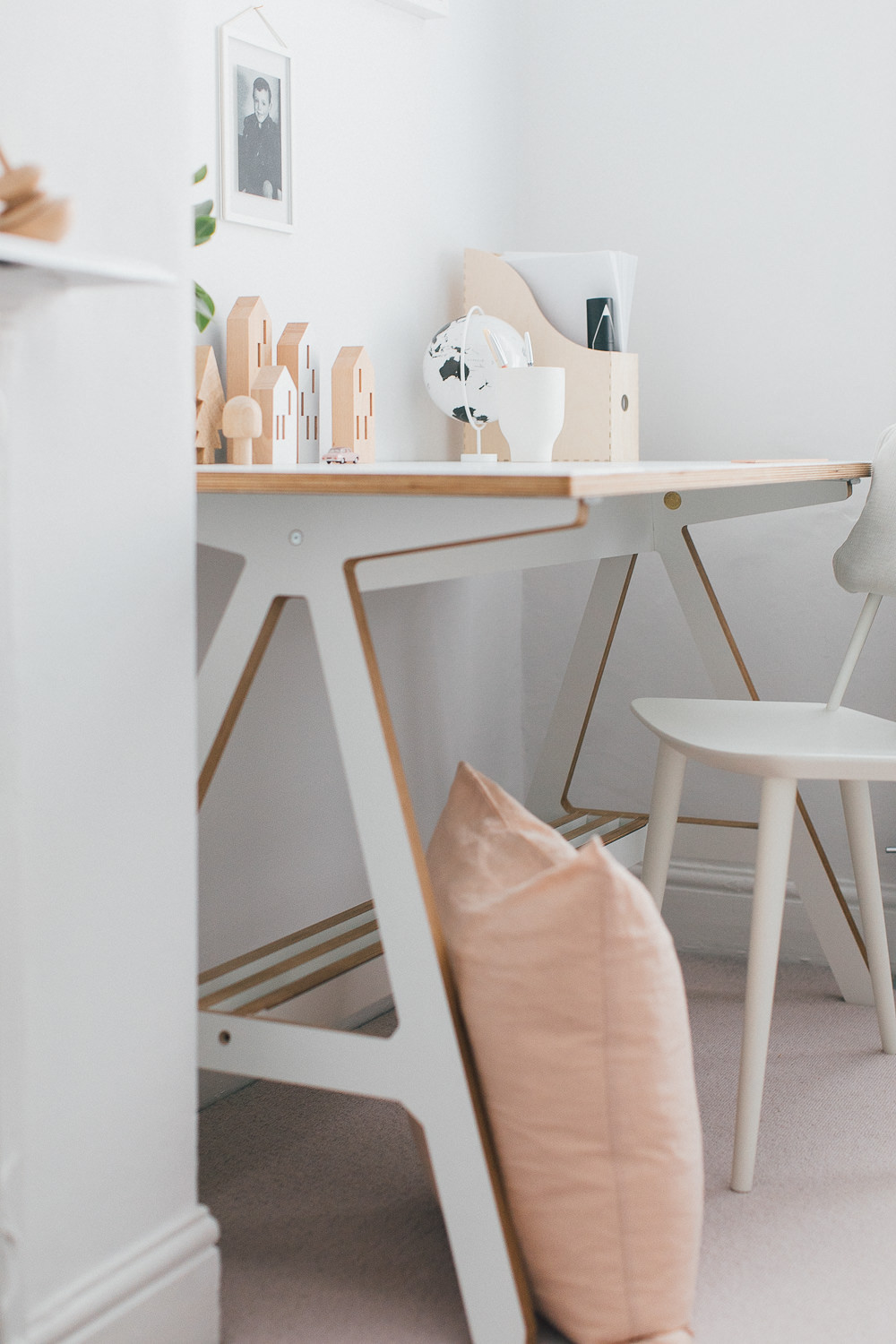 A Frame Desk | Neutral Desk Accessories | White Desk Chair | Statement Wall Light | A modern neutral millennial pink bedroom for children with handmade furniture, personalised artwork and statement lighting.