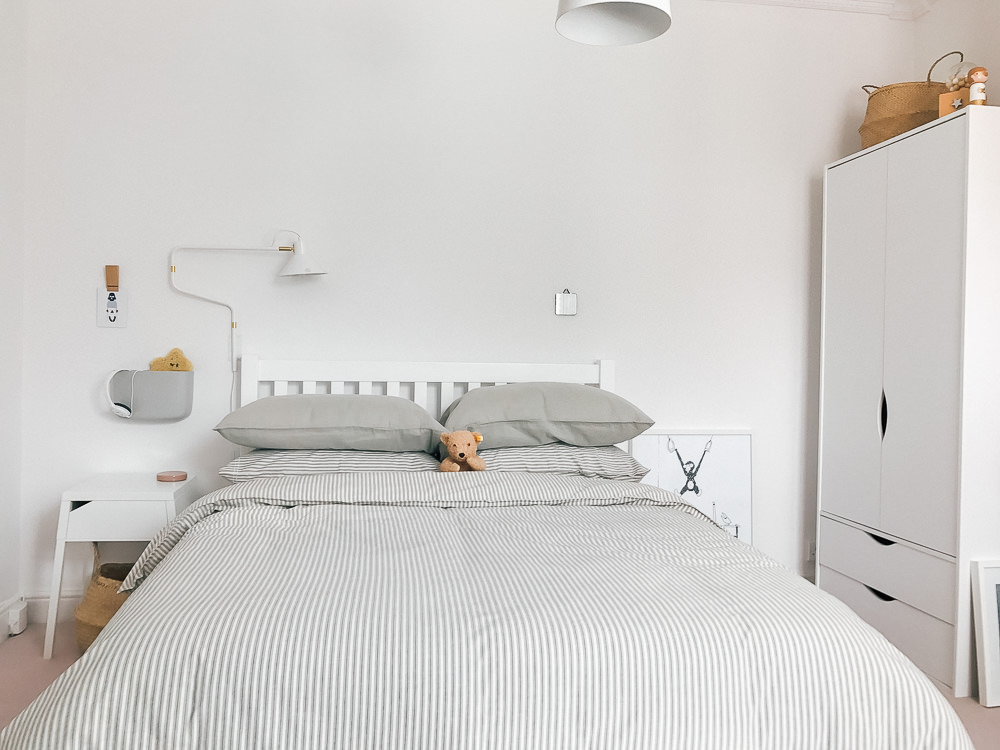 Neutral Bedding | John Lewis Bed | Toast Bedding | Statement wall light | Childrens room | Kids Room | A modern neutral millennial pink bedroom for children with handmade furniture, personalised artwork and statement lighting