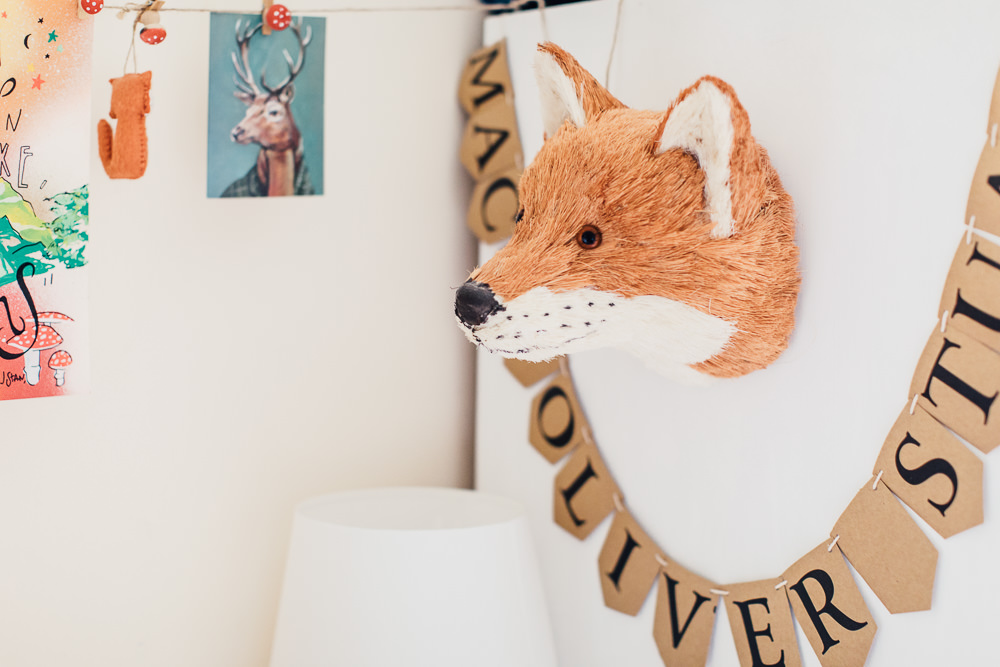 Faux Fox Head Wall Decor | Fox wall decor in a woodland inspired children's bedroom in a rented property with homemade decor and details.