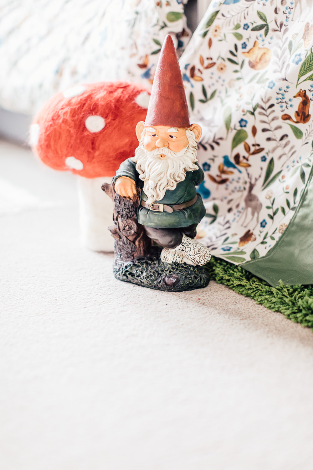 Gnome | Garden Decor |Gnome decoration in a woodland inspired children's bedroom in a rented property with homemade decor and details.